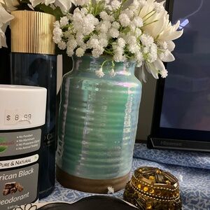 Chic Aqua vase with rustic base and  White Florals (matching set of 2)